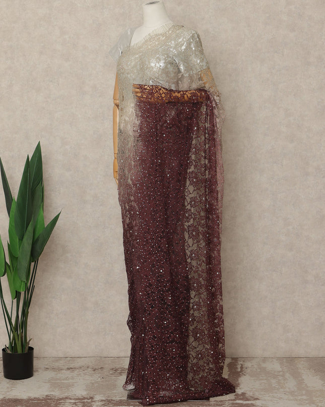 Ivory Wine Premium French Ombre Chantilly Saree Lace With Stone Work 5.5 Mtrs Length 110 Cms Width Designer Net Fabric Made In France, Blouse Not Included-D28102