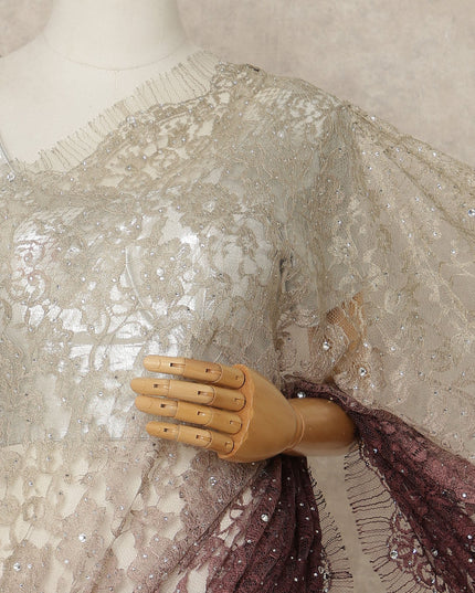 Ivory Wine Premium French Ombre Chantilly Saree Lace With Stone Work 5.5 Mtrs Length 110 Cms Width Designer Net Fabric Made In France, Blouse Not Included-D28102