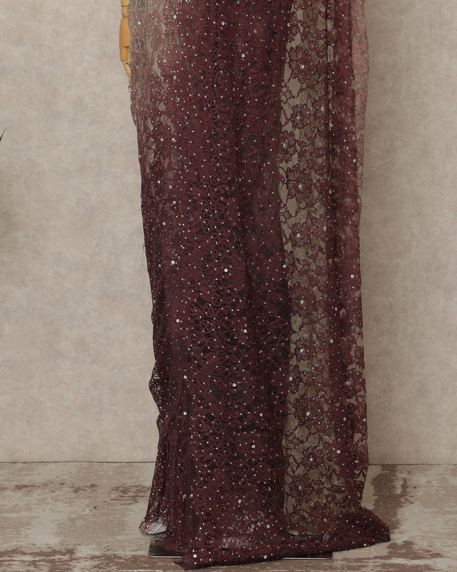 Ivory Wine Premium French Ombre Chantilly Saree Lace With Stone Work 5.5 Mtrs Length 110 Cms Width Designer Net Fabric Made In France, Blouse Not Included-D28102