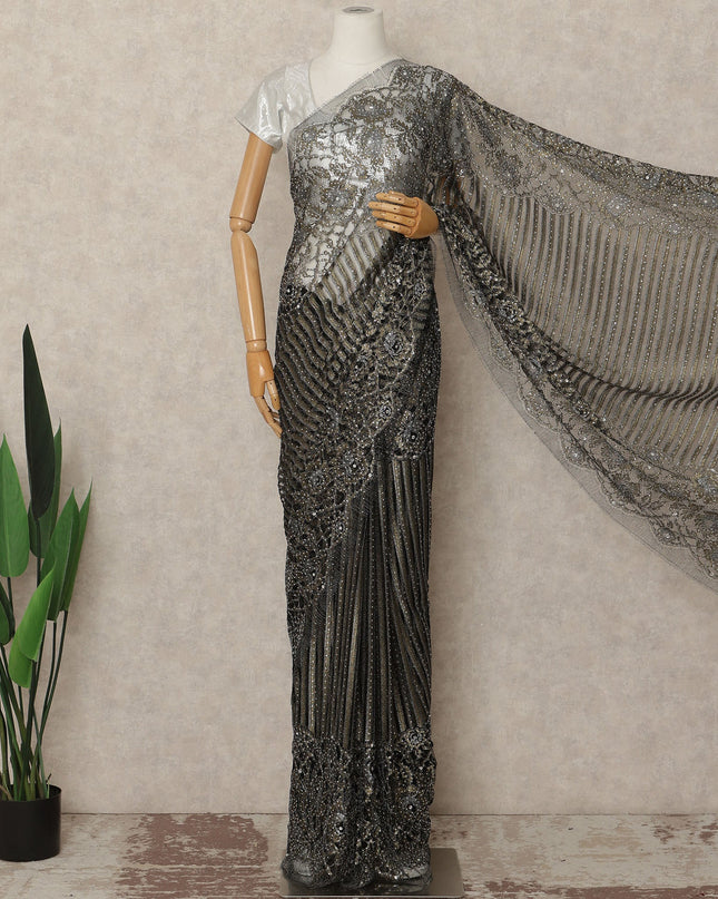 Black Silver Metallic French Chantilly Saree Lace With Stone Work Elegant Floral Net Design 5.5 Mtrs Length 110 Cms Width Premium Soft Sheer Fabric France Origin-D28919 Regal Fabrics
