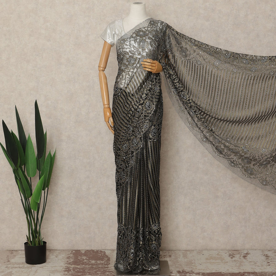 Black Silver Metallic French Chantilly Saree Lace With Stone Work Elegant Floral Net Design 5.5 Mtrs Length 110 Cms Width Premium Soft Sheer Fabric France Origin-D28919 Regal Fabrics