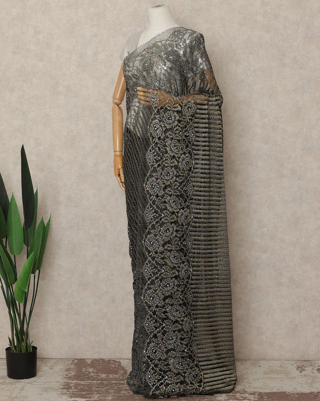 Black Silver Metallic French Chantilly Saree Lace With Stone Work Elegant Floral Net Design 5.5 Mtrs Length 110 Cms Width Premium Soft Sheer Fabric France Origin-D28919 Regal Fabrics