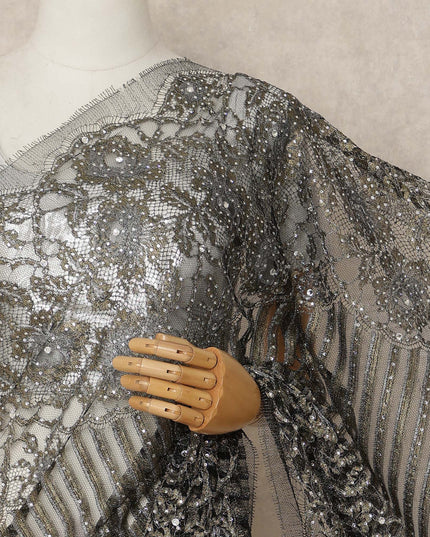 Black Silver Metallic French Chantilly Saree Lace With Stone Work Elegant Floral Net Design 5.5 Mtrs Length 110 Cms Width Premium Soft Sheer Fabric France Origin-D28919 Regal Fabrics