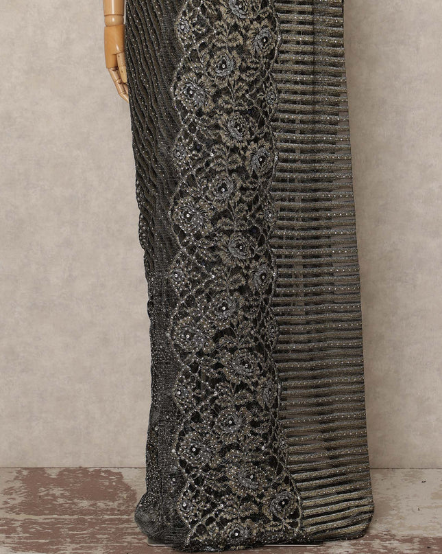 Black Silver Metallic French Chantilly Saree Lace With Stone Work Elegant Floral Net Design 5.5 Mtrs Length 110 Cms Width Premium Soft Sheer Fabric France Origin-D28919 Regal Fabrics