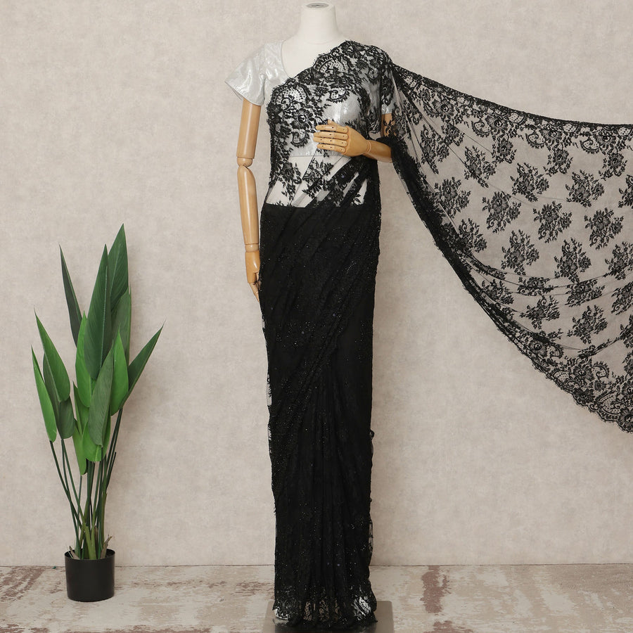 Classic Black Premium French Chantilly Saree Lace With Stone Work 5.5 Mtrs Length 110 Cms Width Designer Net Fabric Made In France, Blouse Not Included-D28110
