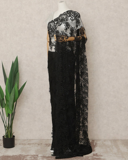 Classic Black Premium French Chantilly Saree Lace With Stone Work 5.5 Mtrs Length 110 Cms Width Designer Net Fabric Made In France, Blouse Not Included-D28110