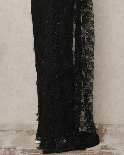 Classic Black Premium French Chantilly Saree Lace With Stone Work 5.5 Mtrs Length 110 Cms Width Designer Net Fabric Made In France, Blouse Not Included-D28110