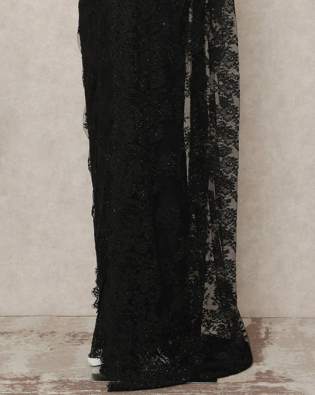 Classic Black Premium French Chantilly Saree Lace With Stone Work 5.5 Mtrs Length 110 Cms Width Designer Net Fabric Made In France, Blouse Not Included-D28110