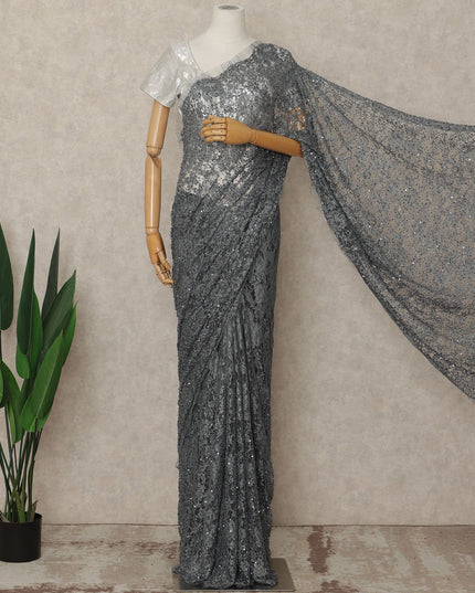 Grey French Chantilly Lace Saree with bead work and sequins
