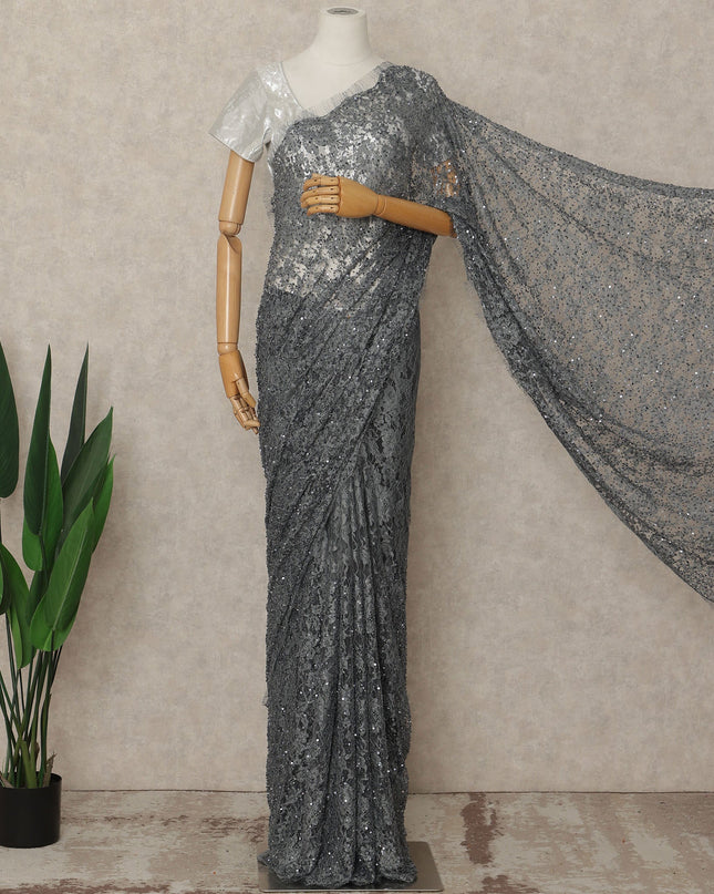 Grey French Chantilly Lace Saree with bead work and sequins