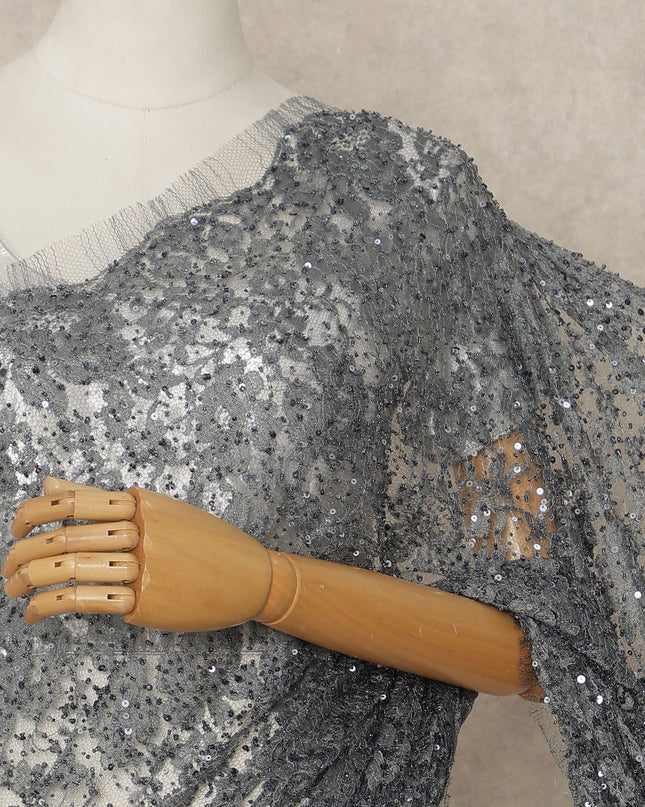 Grey French Chantilly Lace Saree with bead work and sequins