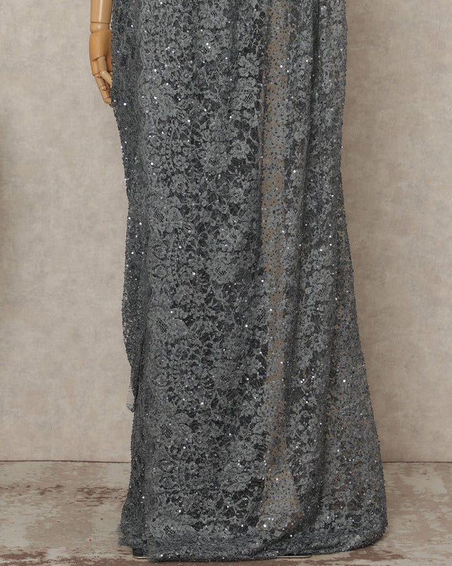 Grey French Chantilly Lace Saree with bead work and sequins
