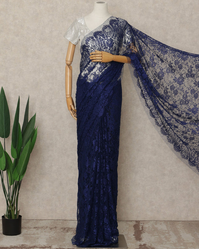 Navy Blue French Metallic Chantilly Lace Saree