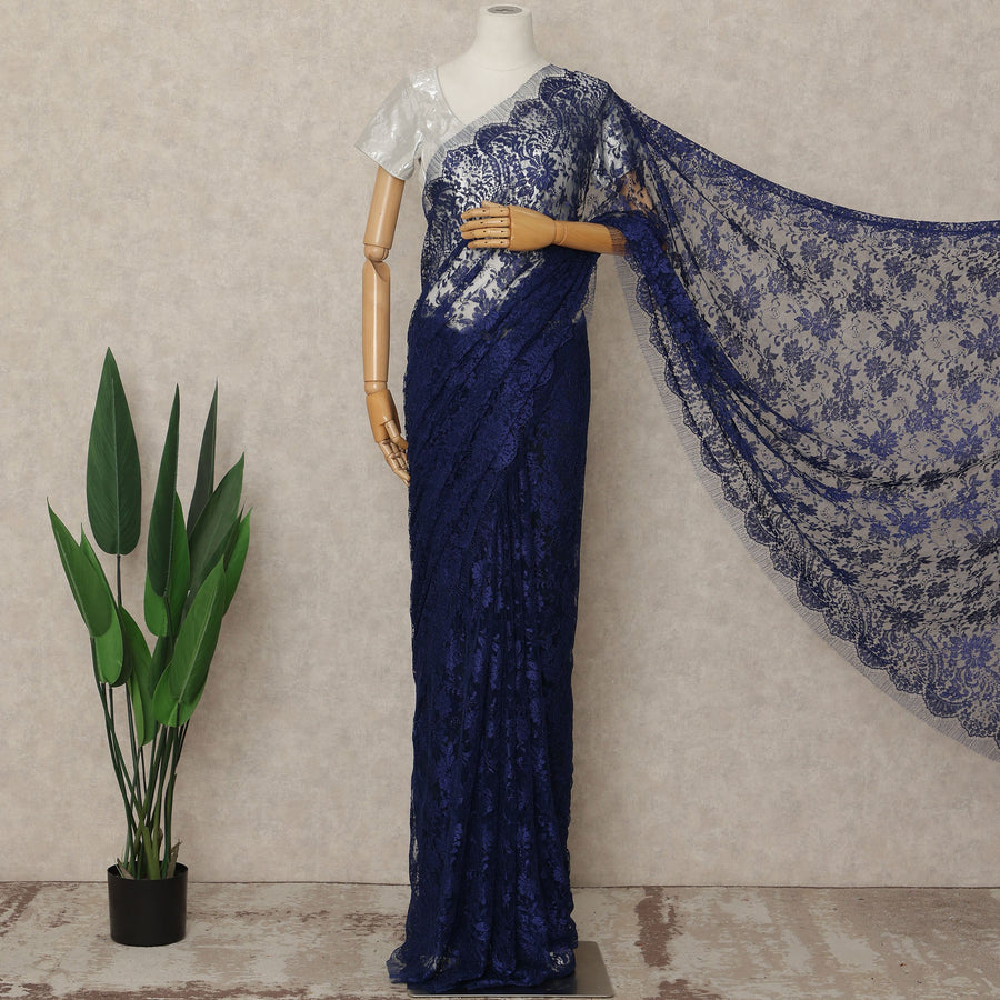 Navy Blue French Metallic Chantilly Lace Saree