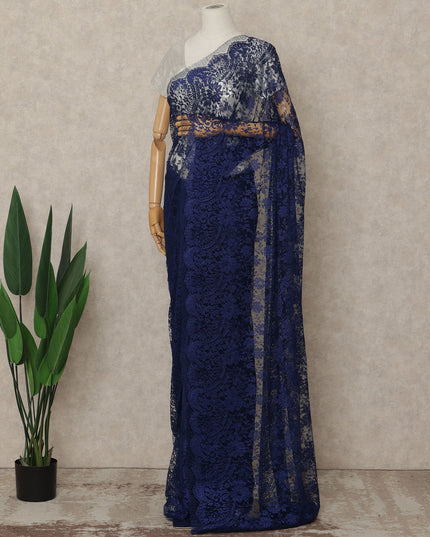 Navy Blue French Metallic Chantilly Lace Saree