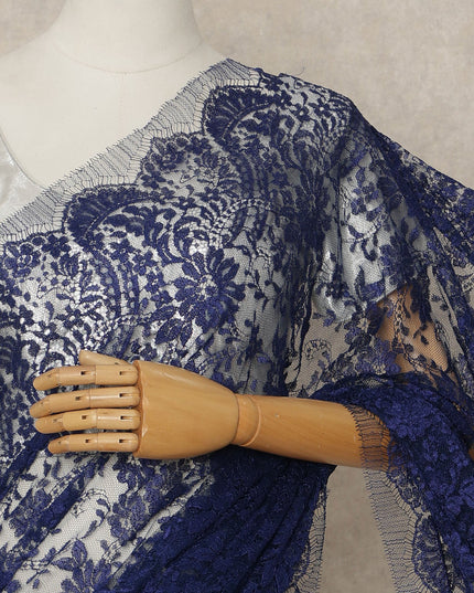 Navy Blue French Metallic Chantilly Lace Saree