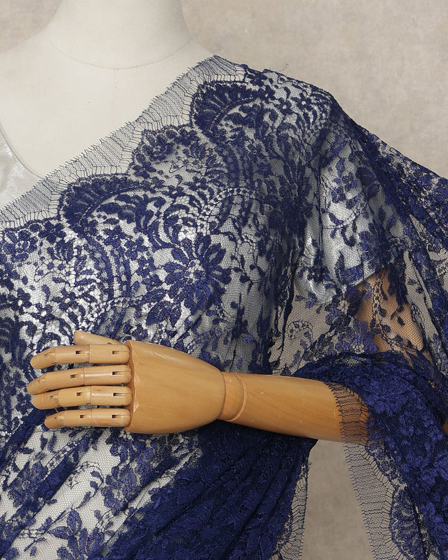 Navy Blue French Metallic Chantilly Lace Saree