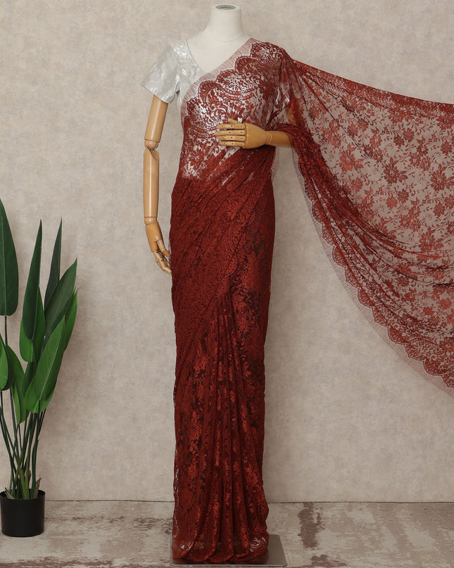 Red French Metallic Chantilly Lace Saree