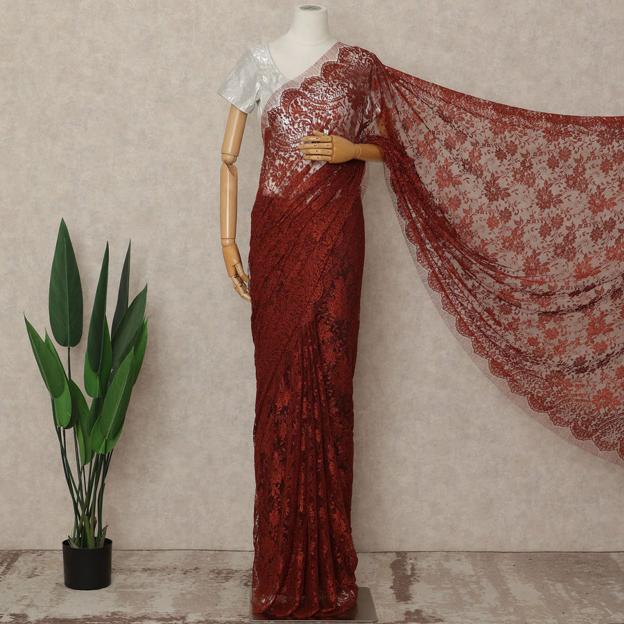 Red French Metallic Chantilly Lace Saree