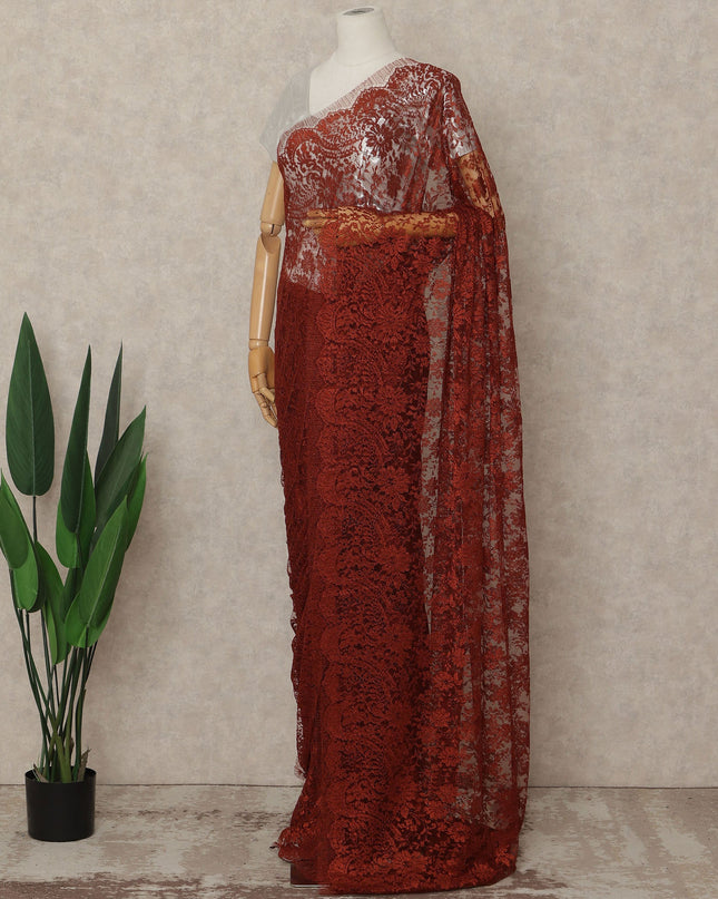 Red French Metallic Chantilly Lace Saree