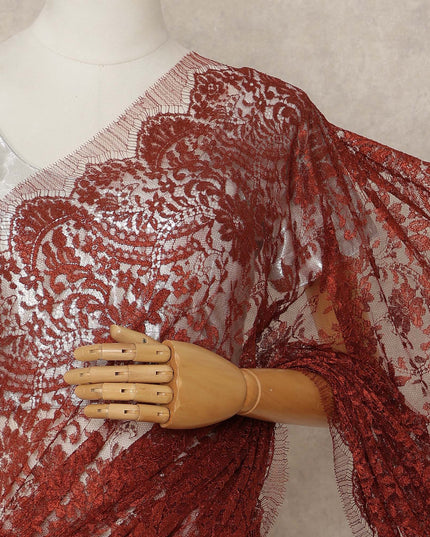 Red French Metallic Chantilly Lace Saree
