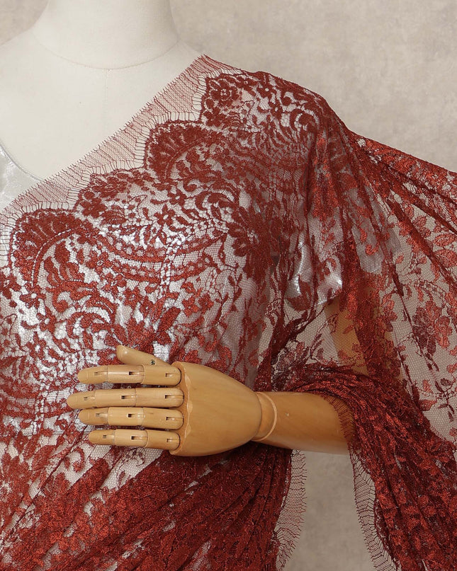 Red French Metallic Chantilly Lace Saree