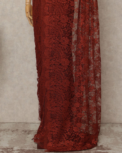 Red French Metallic Chantilly Lace Saree