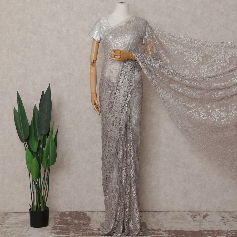 Metallic Silver French Chantilly Lace Saree