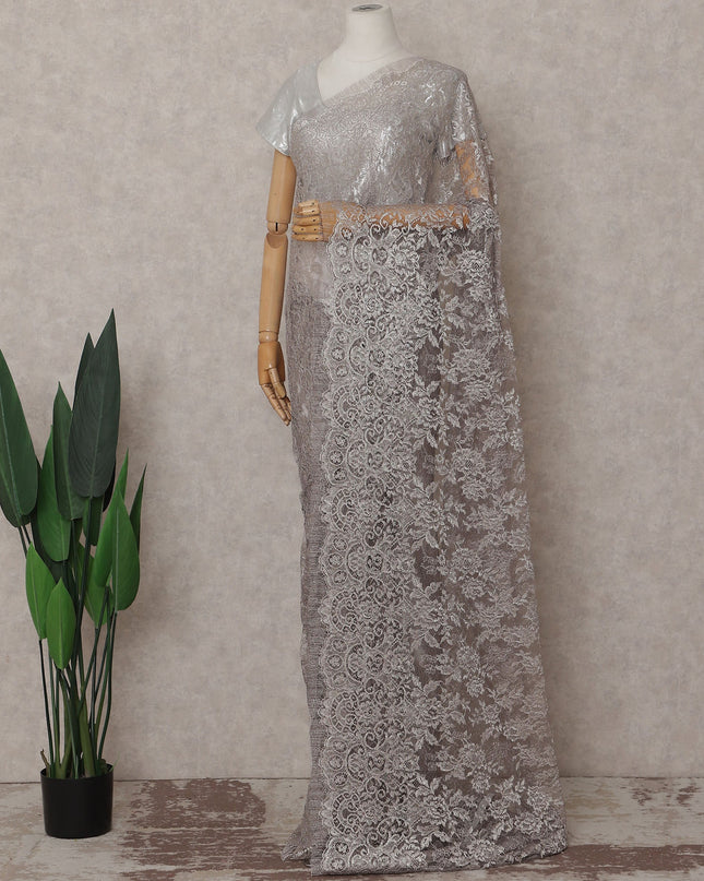 Metallic Silver French Chantilly Lace Saree