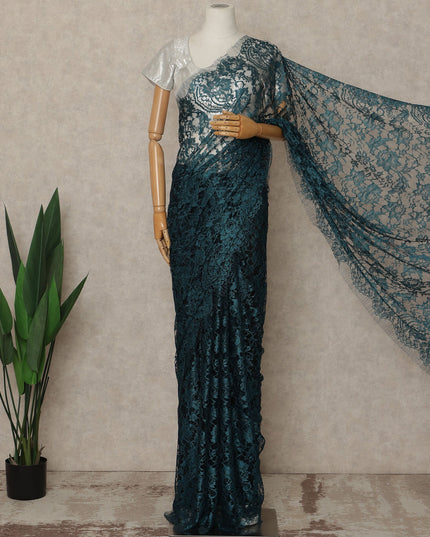 Teal Blue Black Premium French 2 Tone Chantilly Saree Lace Fabric 5.5 Meters x 110 Cms Width Elegant Floral Net Material From France Unstitched Blouse Not Included-D28153