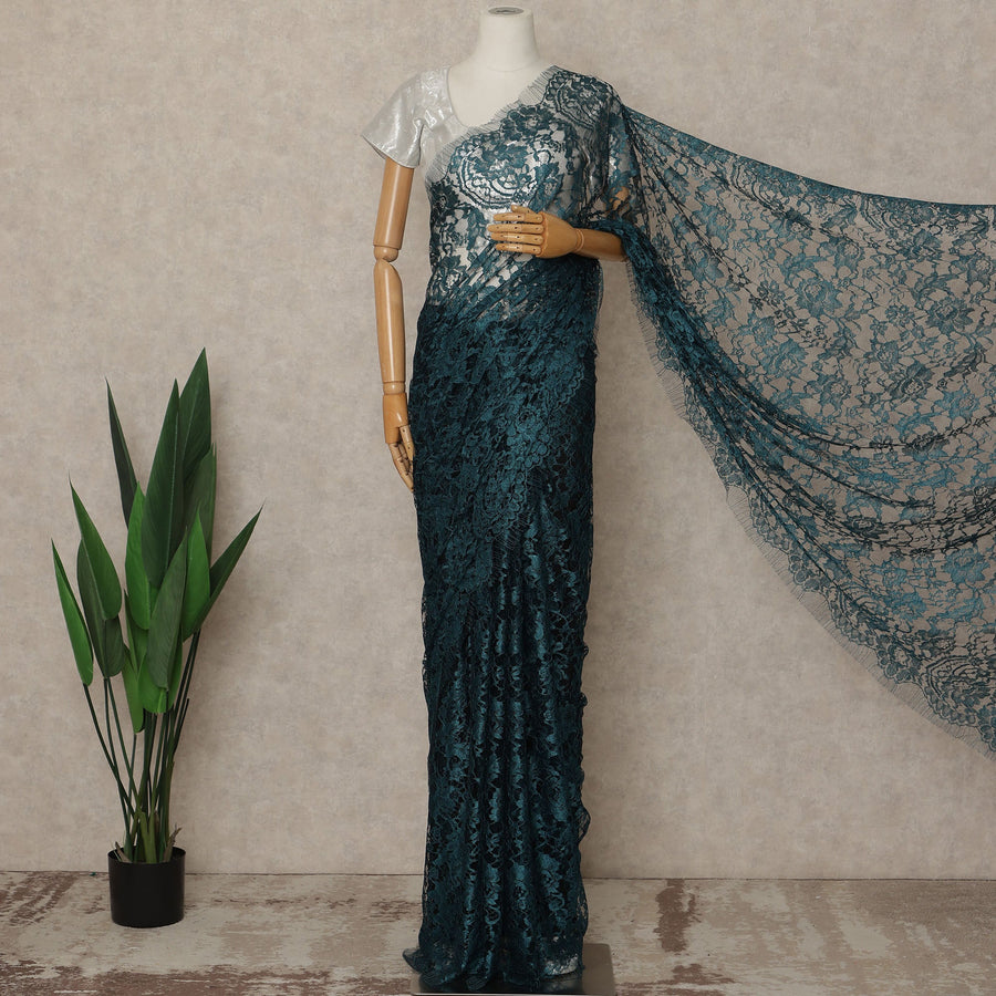 Teal Blue Black Premium French 2 Tone Chantilly Saree Lace Fabric 5.5 Meters x 110 Cms Width Elegant Floral Net Material From France Unstitched Blouse Not Included-D28153