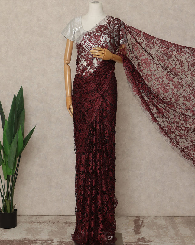 Deep Maroon Premium French Chantilly Saree Lace Fabric 5.5 Meters x 110 Cms Width Elegant Floral Net Material From France Unstitched Blouse Not Included-D28159