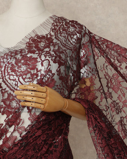 Deep Maroon Premium French Chantilly Saree Lace Fabric 5.5 Meters x 110 Cms Width Elegant Floral Net Material From France Unstitched Blouse Not Included-D28159
