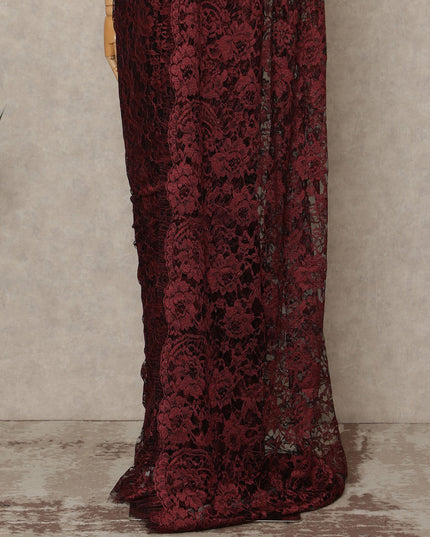 Deep Maroon Premium French Chantilly Saree Lace Fabric 5.5 Meters x 110 Cms Width Elegant Floral Net Material From France Unstitched Blouse Not Included-D28159