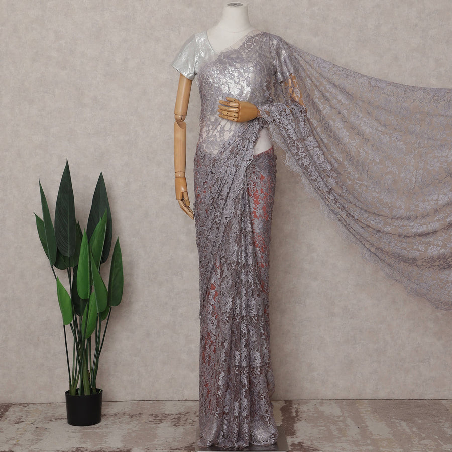 Dove Grey French Lace Saree Piece
