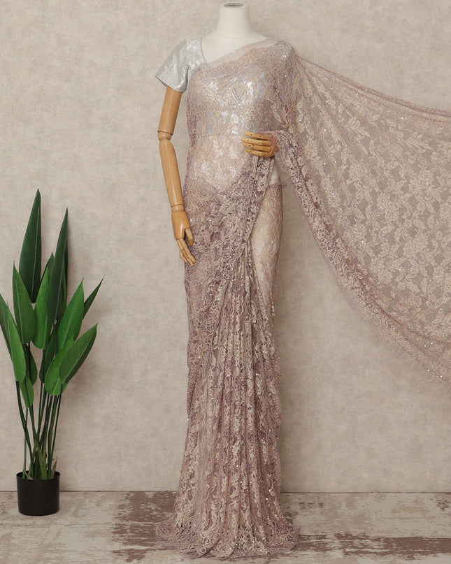 Champagne Mauve French Chantilly Lace Saree with Bead & Sequin Work 5.5 Meters Length 110 Cms Width Premium Embellished Floral Lace Fabric Elegant Sheer Saree France-D28703 Regal Fabrics