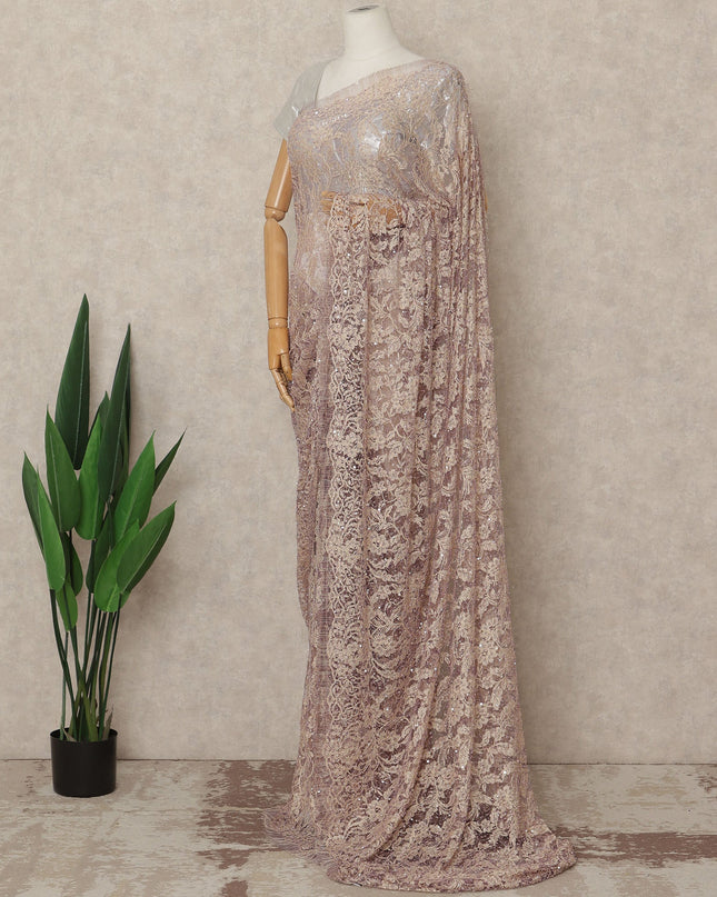 Champagne Mauve French Chantilly Lace Saree with Bead & Sequin Work 5.5 Meters Length 110 Cms Width Premium Embellished Floral Lace Fabric Elegant Sheer Saree France-D28703 Regal Fabrics