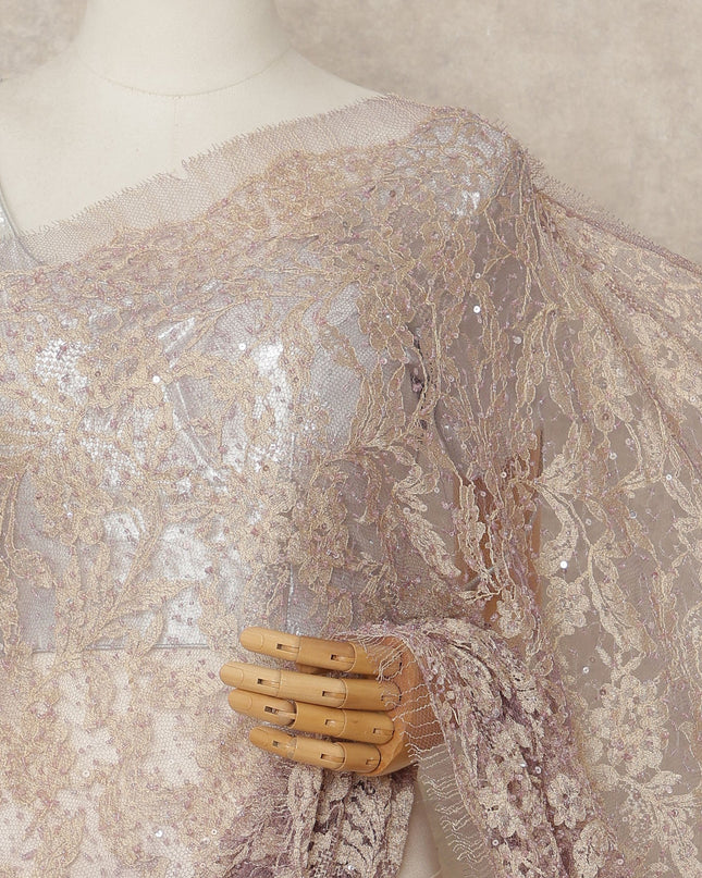 Champagne Mauve French Chantilly Lace Saree with Bead & Sequin Work 5.5 Meters Length 110 Cms Width Premium Embellished Floral Lace Fabric Elegant Sheer Saree France-D28703 Regal Fabrics