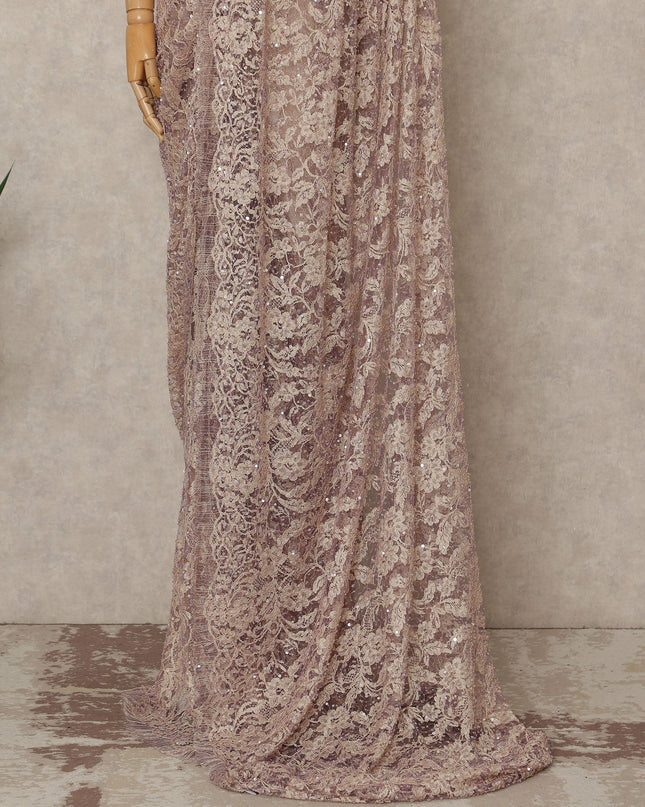 Champagne Mauve French Chantilly Lace Saree with Bead & Sequin Work 5.5 Meters Length 110 Cms Width Premium Embellished Floral Lace Fabric Elegant Sheer Saree France-D28703 Regal Fabrics