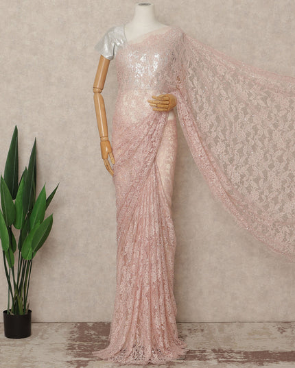 Soft Baby Pink French Chantilly Lace Saree with Bead & Sequin Work 5.5 Meters Length 110 Cms Width Premium Embellished Floral Lace Fabric Elegant Sheer Saree France-D28706 Regal Fabrics