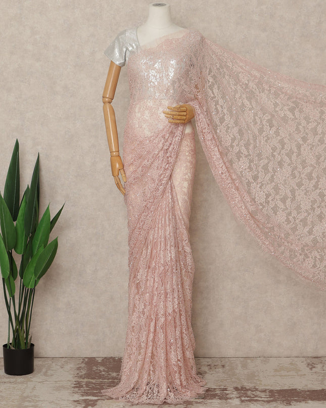 Soft Baby Pink French Chantilly Lace Saree with Bead & Sequin Work 5.5 Meters Length 110 Cms Width Premium Embellished Floral Lace Fabric Elegant Sheer Saree France-D28706 Regal Fabrics