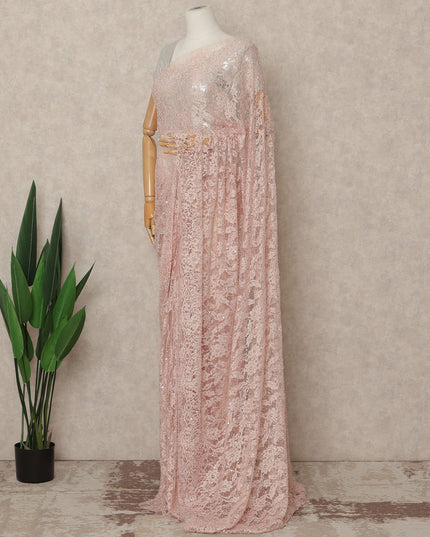 Soft Baby Pink French Chantilly Lace Saree with Bead & Sequin Work 5.5 Meters Length 110 Cms Width Premium Embellished Floral Lace Fabric Elegant Sheer Saree France-D28706 Regal Fabrics