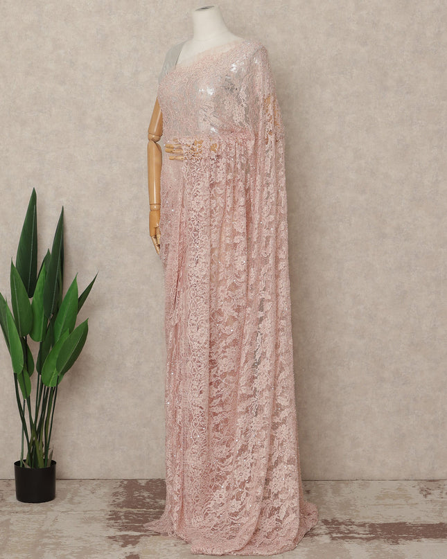 Soft Baby Pink French Chantilly Lace Saree with Bead & Sequin Work 5.5 Meters Length 110 Cms Width Premium Embellished Floral Lace Fabric Elegant Sheer Saree France-D28706 Regal Fabrics