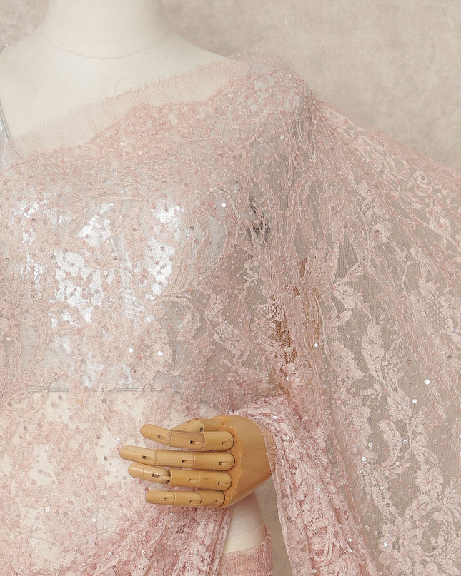 Soft Baby Pink French Chantilly Lace Saree with Bead & Sequin Work 5.5 Meters Length 110 Cms Width Premium Embellished Floral Lace Fabric Elegant Sheer Saree France-D28706 Regal Fabrics