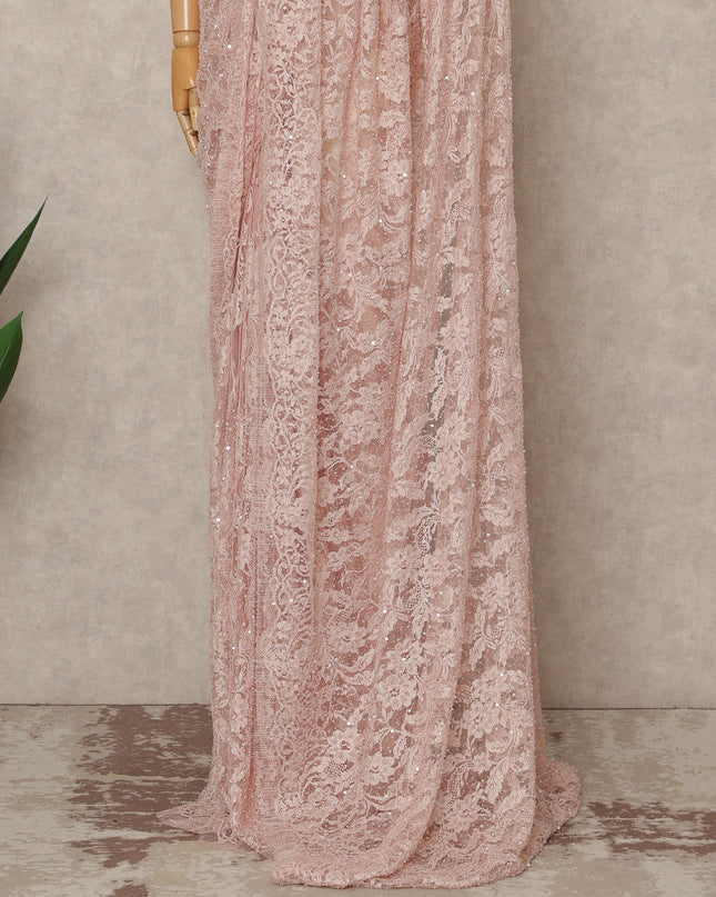 Soft Baby Pink French Chantilly Lace Saree with Bead & Sequin Work 5.5 Meters Length 110 Cms Width Premium Embellished Floral Lace Fabric Elegant Sheer Saree France-D28706 Regal Fabrics