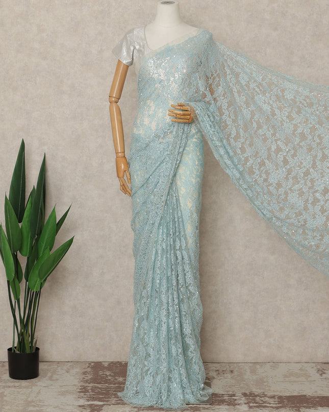 Powder Blue French Chantilly Lace Saree with Bead & Sequin Work 5.5 Meters Length 110 Cms Width Premium Embellished Floral Lace Fabric Elegant Sheer Saree France-D28702 Regal Fabrics