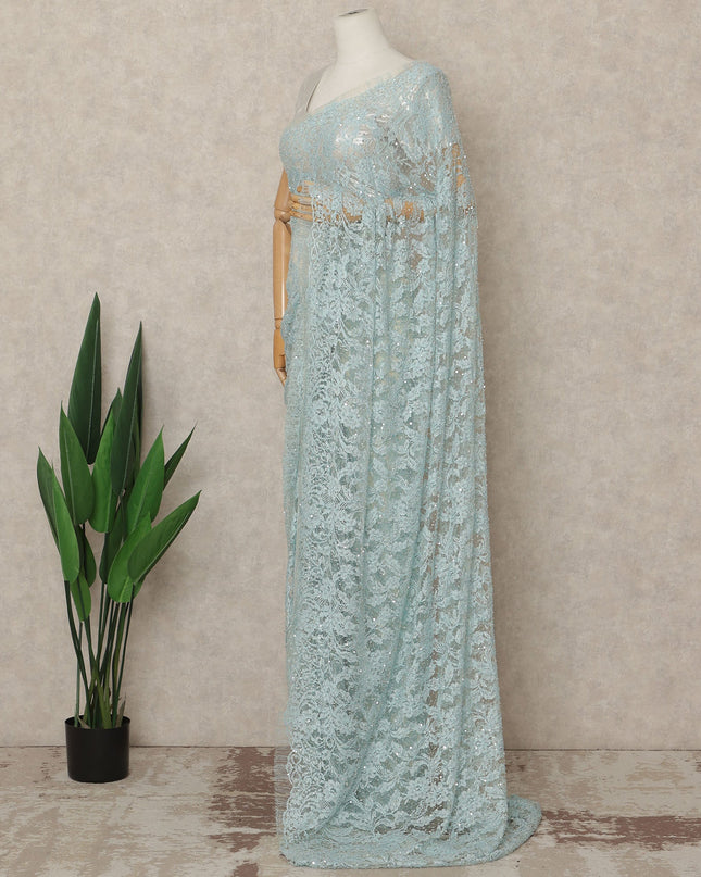 Powder Blue French Chantilly Lace Saree with Bead & Sequin Work 5.5 Meters Length 110 Cms Width Premium Embellished Floral Lace Fabric Elegant Sheer Saree France-D28702 Regal Fabrics