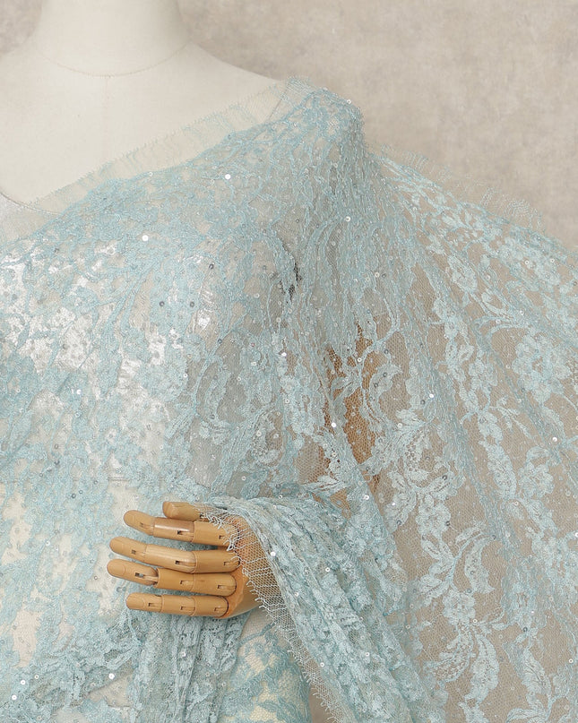 Powder Blue French Chantilly Lace Saree with Bead & Sequin Work 5.5 Meters Length 110 Cms Width Premium Embellished Floral Lace Fabric Elegant Sheer Saree France-D28702 Regal Fabrics