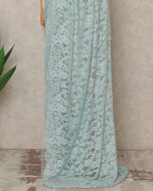Powder Blue French Chantilly Lace Saree with Bead & Sequin Work 5.5 Meters Length 110 Cms Width Premium Embellished Floral Lace Fabric Elegant Sheer Saree France-D28702 Regal Fabrics