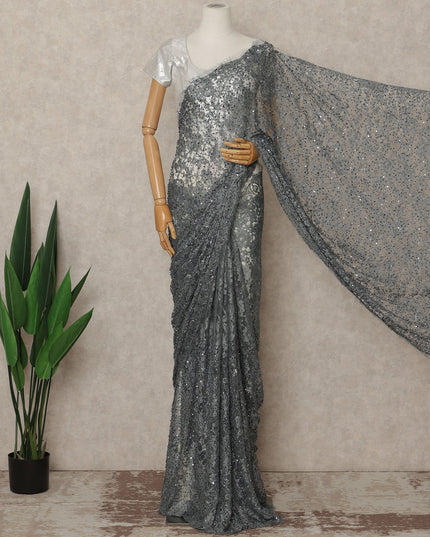 Charcoal Grey French Chantilly Lace Saree with Bead & Sequin Work 5.5 Meters Length 110 Cms Width Premium Embellished Floral Lace Fabric Elegant Sheer Saree France-D28705 Regal Fabrics